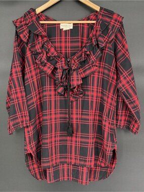 Denim & Supply Ralph Lauren Women's Plaid Ruffle Blouse M Red Black 3/4 Sleeves
